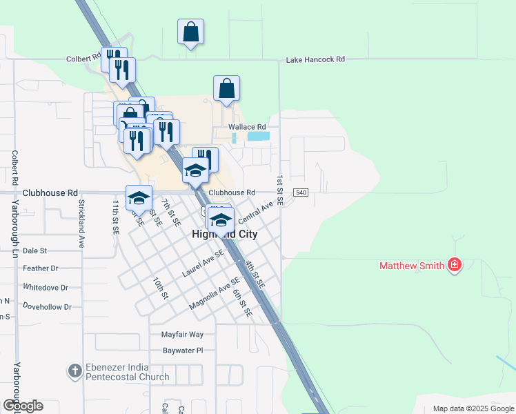map of restaurants, bars, coffee shops, grocery stores, and more near 4408 Central Avenue in Highland City