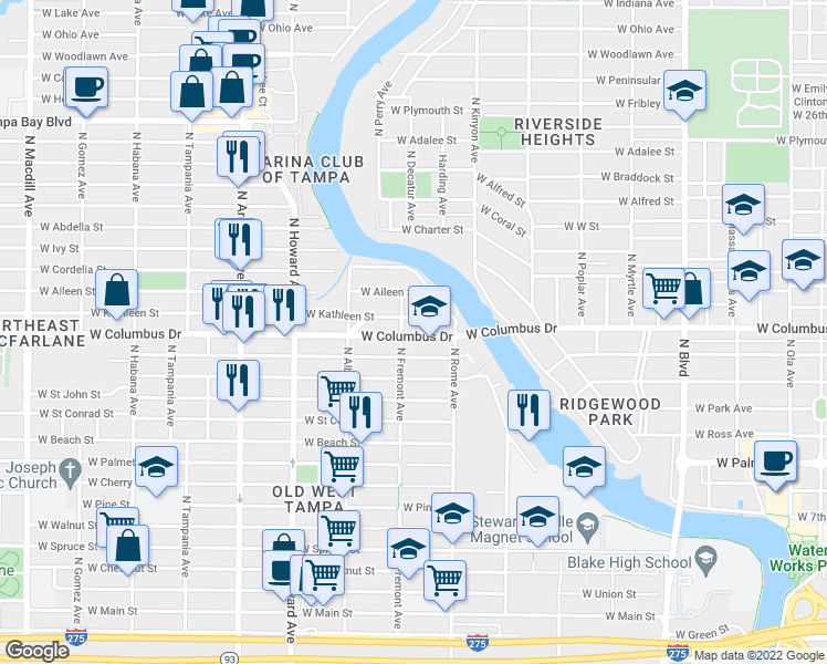 map of restaurants, bars, coffee shops, grocery stores, and more near 1711 West Kathleen Street in Tampa