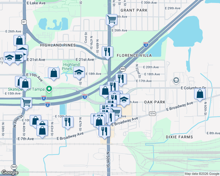 map of restaurants, bars, coffee shops, grocery stores, and more near E Columbus Dr & N 50th St in Tampa