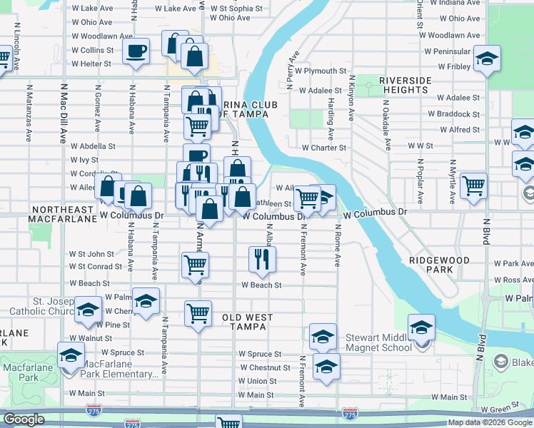 map of restaurants, bars, coffee shops, grocery stores, and more near 1919 West Kathleen Street in Tampa