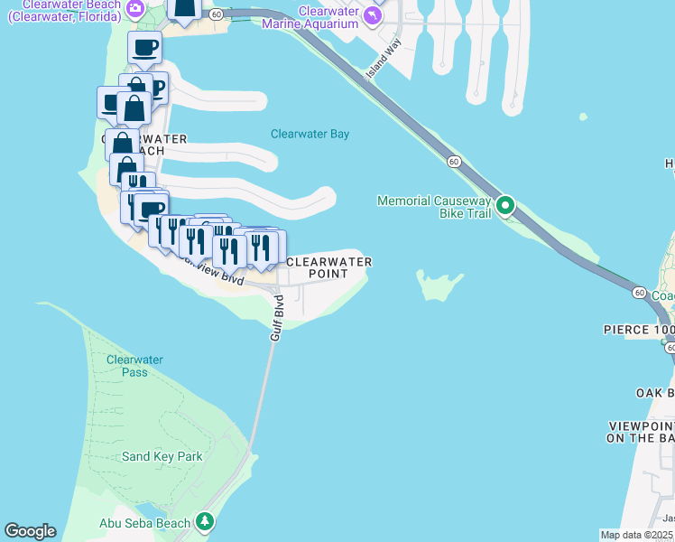 map of restaurants, bars, coffee shops, grocery stores, and more near 862 Bayway Boulevard in Clearwater