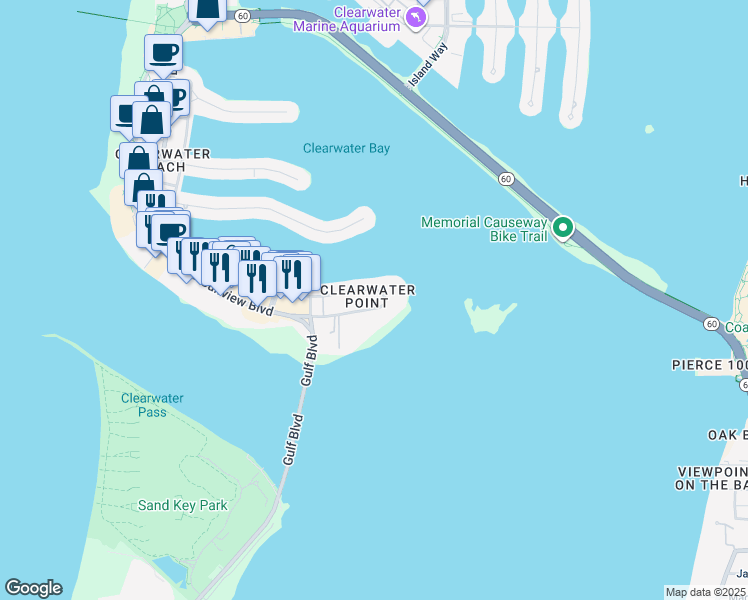 map of restaurants, bars, coffee shops, grocery stores, and more near 862 Bayway Boulevard in Clearwater