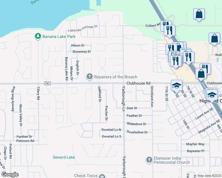 map of restaurants, bars, coffee shops, grocery stores, and more near 5435 Southgrove Drive in Lakeland