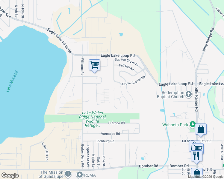 map of restaurants, bars, coffee shops, grocery stores, and more near 584 Squires Grove Drive in Winter Haven