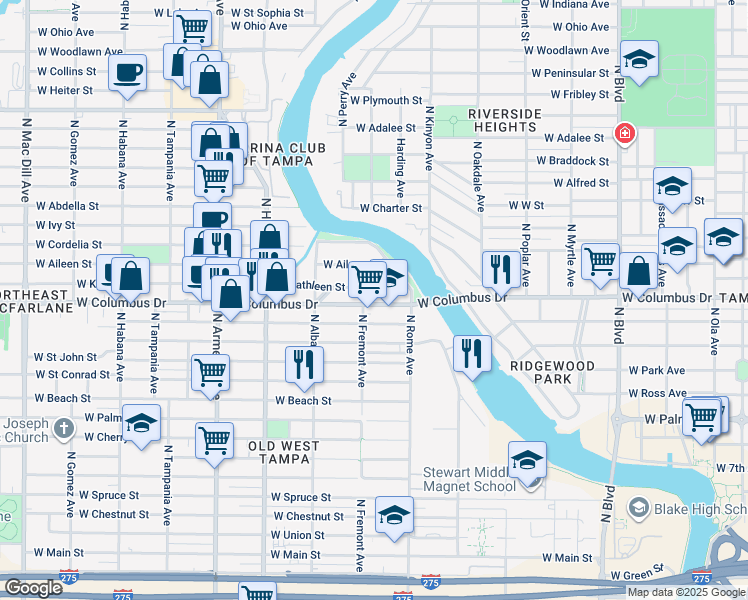 map of restaurants, bars, coffee shops, grocery stores, and more near 1711 West Kathleen Street in Tampa