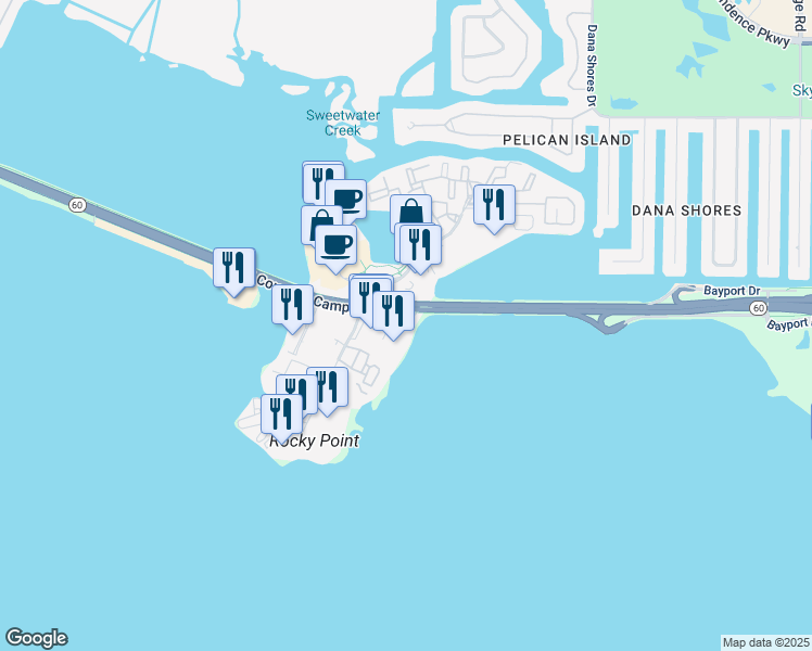 map of restaurants, bars, coffee shops, grocery stores, and more near 7627 West Courtney Campbell Causeway in Tampa
