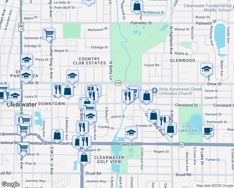 map of restaurants, bars, coffee shops, grocery stores, and more near 124 North Fredrica Avenue in Clearwater