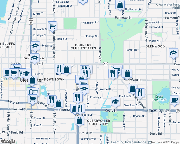 map of restaurants, bars, coffee shops, grocery stores, and more near 123 Kenwood Avenue in Clearwater