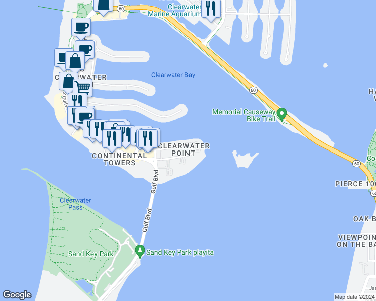 map of restaurants, bars, coffee shops, grocery stores, and more near 862 Bayway Boulevard in Clearwater