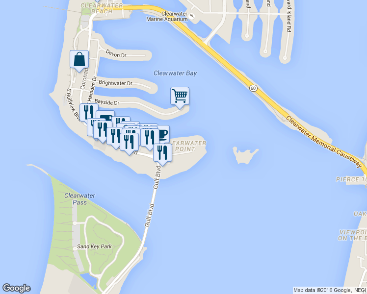 map of restaurants, bars, coffee shops, grocery stores, and more near 862 Bayway Boulevard in Clearwater