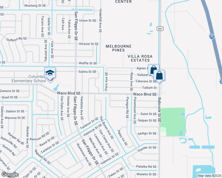 map of restaurants, bars, coffee shops, grocery stores, and more near 1428 Talavera Street Southeast in Palm Bay