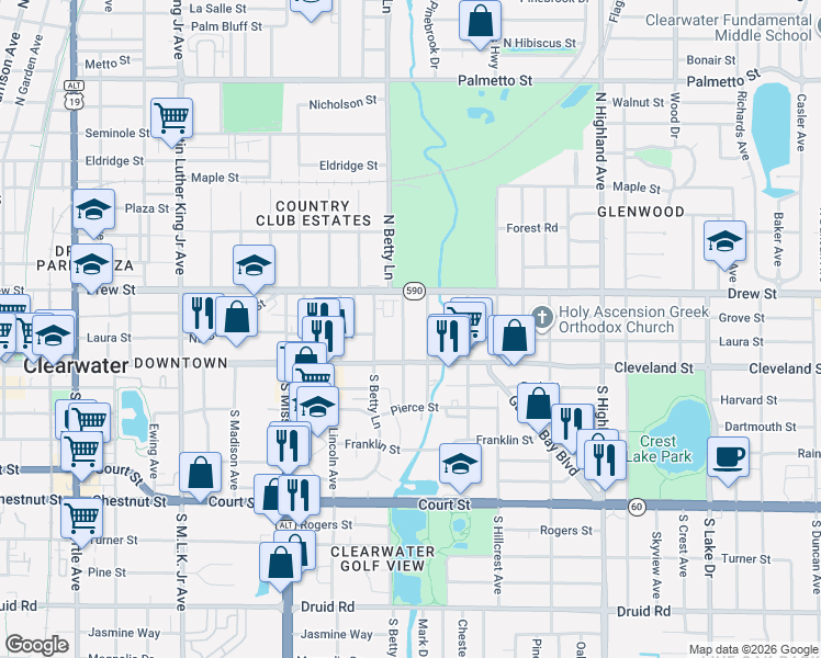 map of restaurants, bars, coffee shops, grocery stores, and more near 124 North Fredrica Avenue in Clearwater