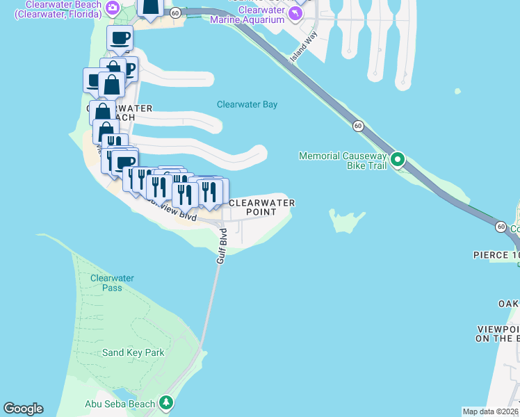 map of restaurants, bars, coffee shops, grocery stores, and more near 855 Bayway Boulevard in Clearwater