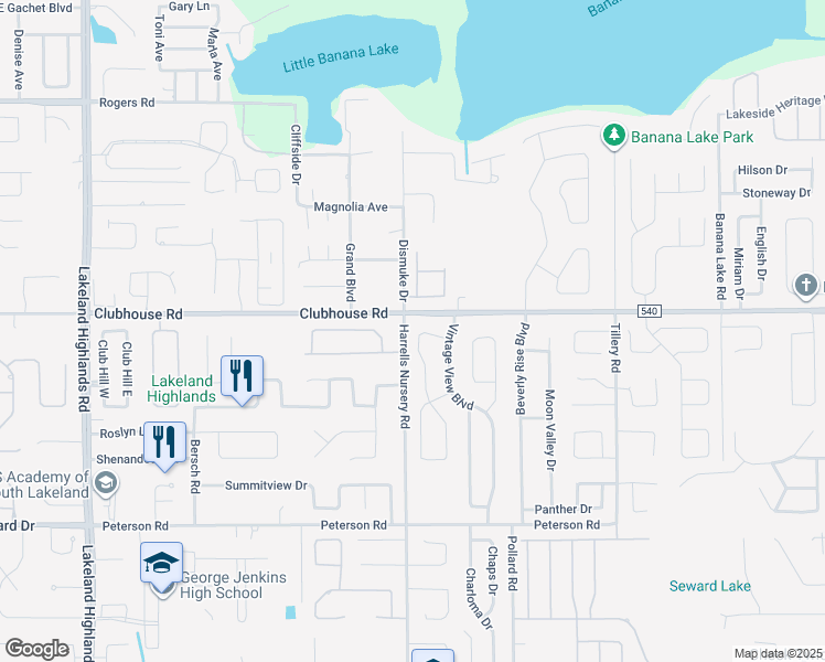 map of restaurants, bars, coffee shops, grocery stores, and more near 5447 Vintage View Pass in Lakeland