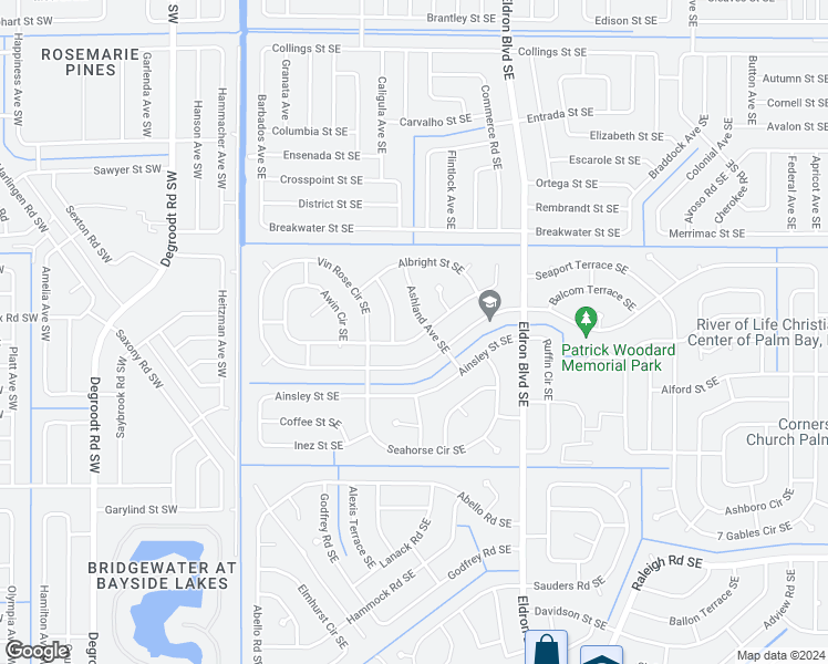 map of restaurants, bars, coffee shops, grocery stores, and more near 485 Awin Circle Southeast in Palm Bay
