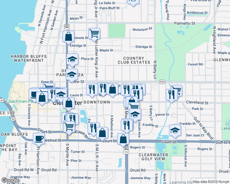 map of restaurants, bars, coffee shops, grocery stores, and more near 1170 Northeast Cleveland Street in Clearwater