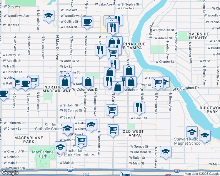 map of restaurants, bars, coffee shops, grocery stores, and more near 3101 North Armenia Avenue in Tampa