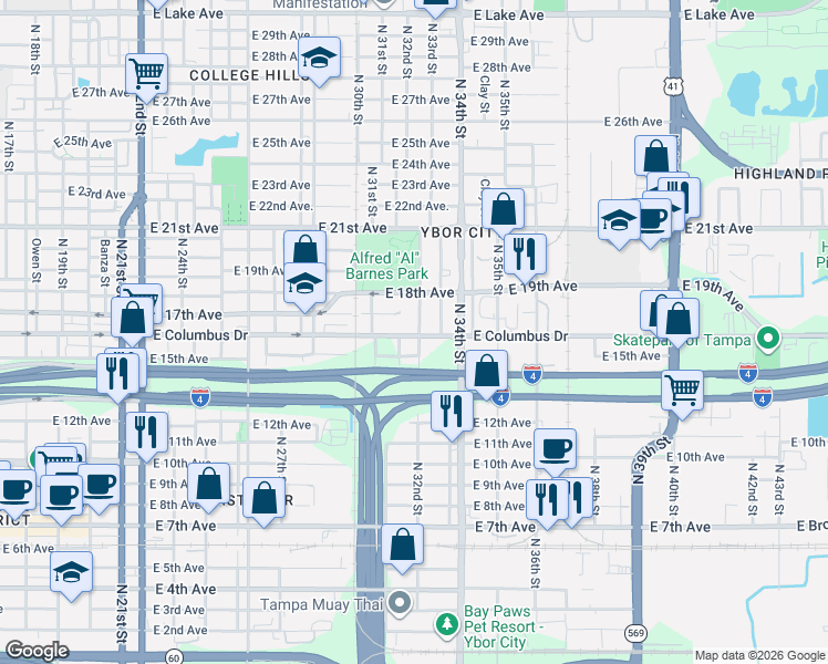 map of restaurants, bars, coffee shops, grocery stores, and more near 2710 North 33rd Street in Tampa