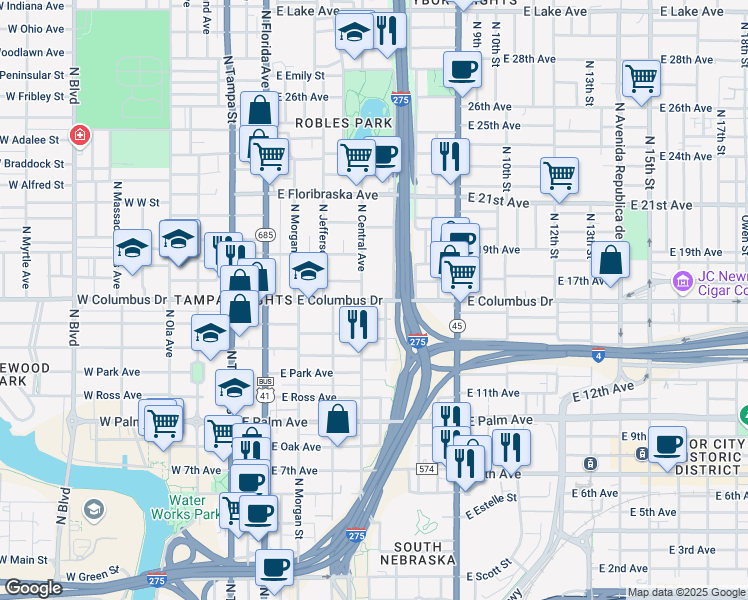 map of restaurants, bars, coffee shops, grocery stores, and more near 2801 North Central Avenue in Tampa