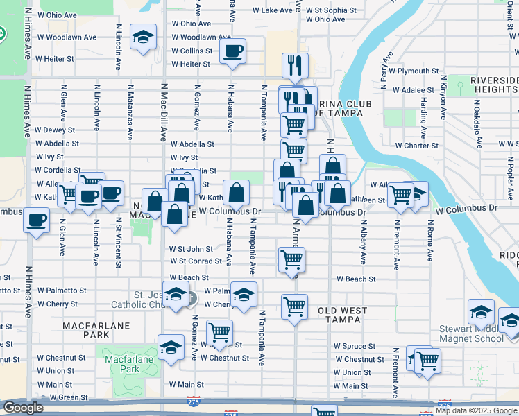 map of restaurants, bars, coffee shops, grocery stores, and more near 2515 West Kathleen Street in Tampa