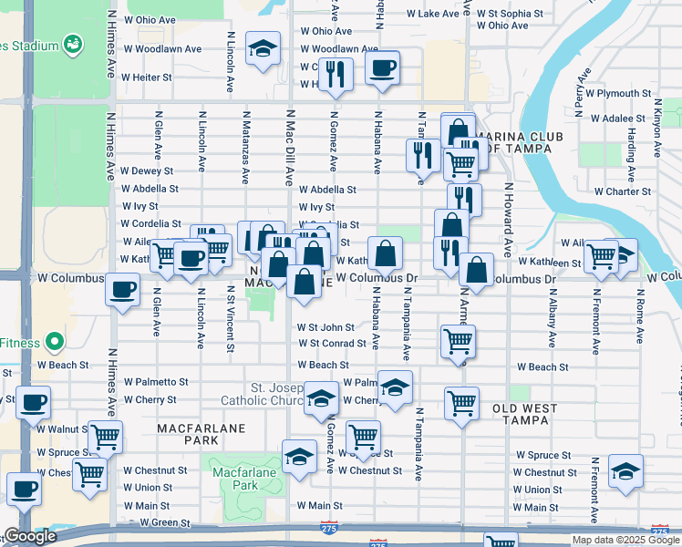 map of restaurants, bars, coffee shops, grocery stores, and more near 2923 West Kathleen Street in Tampa