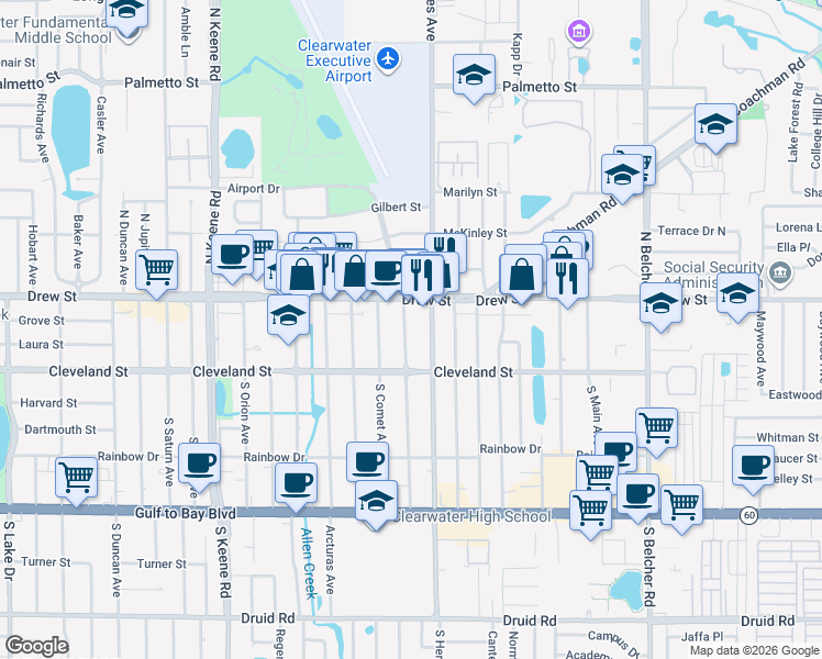 map of restaurants, bars, coffee shops, grocery stores, and more near in Clearwater