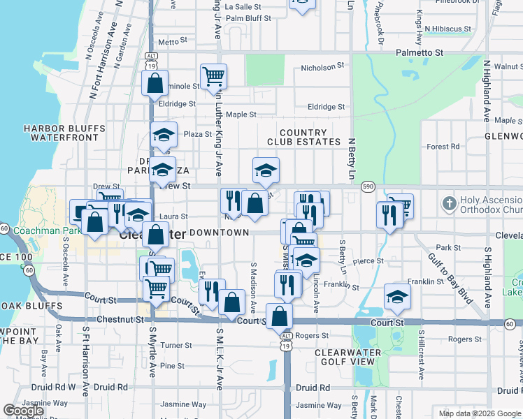 map of restaurants, bars, coffee shops, grocery stores, and more near 1170 Northeast Cleveland Street in Clearwater