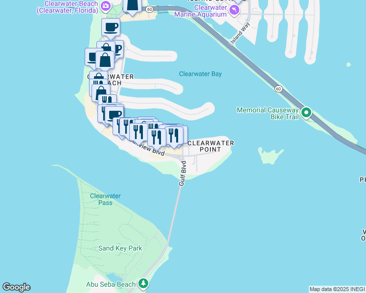 map of restaurants, bars, coffee shops, grocery stores, and more near 724 Bayway Boulevard in Clearwater