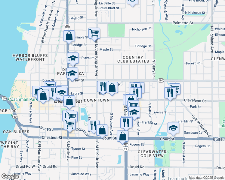 map of restaurants, bars, coffee shops, grocery stores, and more near 1170 Northeast Cleveland Street in Clearwater
