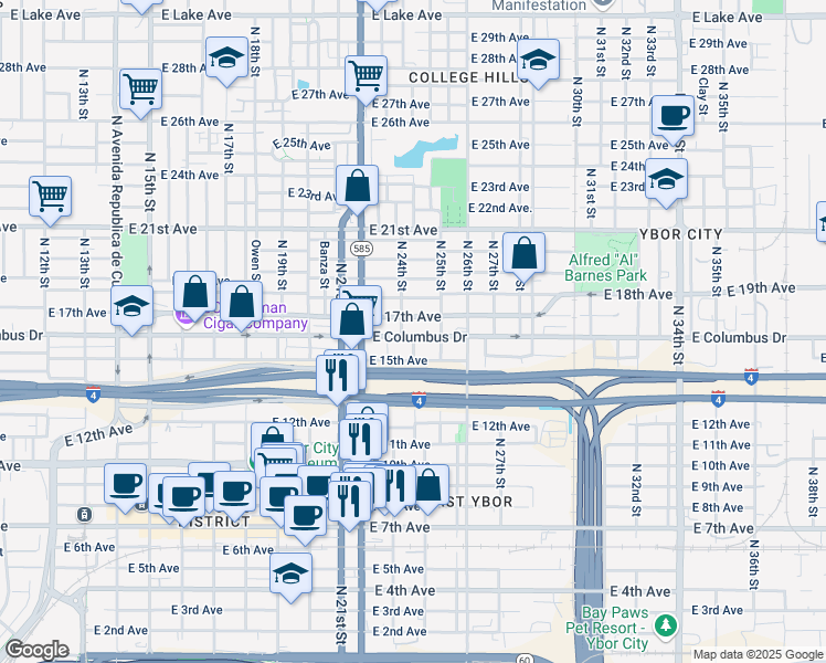 map of restaurants, bars, coffee shops, grocery stores, and more near 2406 East Columbus Drive in Tampa