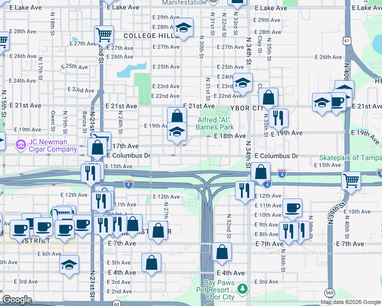 map of restaurants, bars, coffee shops, grocery stores, and more near 2925 East 17th Avenue in Tampa