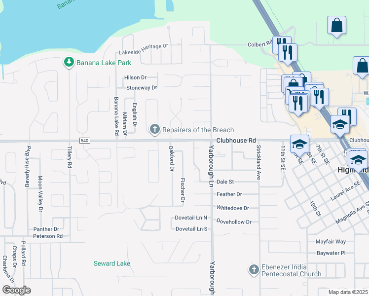 map of restaurants, bars, coffee shops, grocery stores, and more near 5401 Southgrove Drive in Lakeland