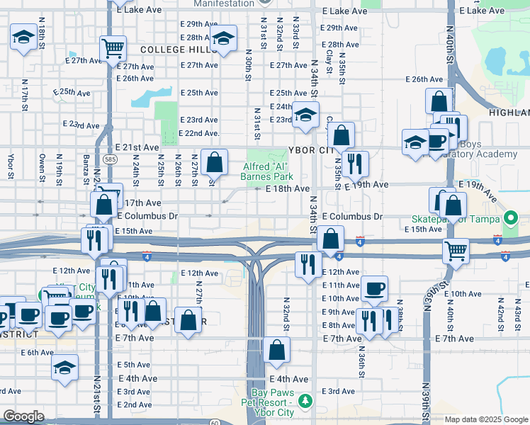 map of restaurants, bars, coffee shops, grocery stores, and more near 3110 East 17th Avenue in Tampa