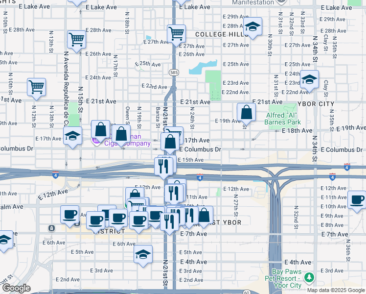 map of restaurants, bars, coffee shops, grocery stores, and more near 2214 East Columbus Drive in Tampa