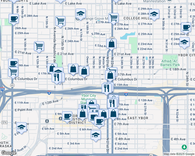 map of restaurants, bars, coffee shops, grocery stores, and more near 2710 North 20th Street in Tampa