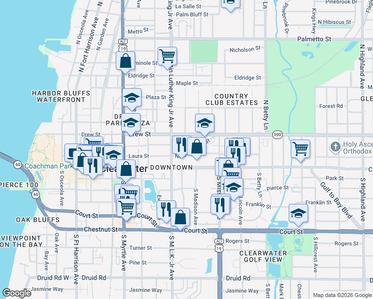 map of restaurants, bars, coffee shops, grocery stores, and more near 1144 Northeast Cleveland Street in Clearwater