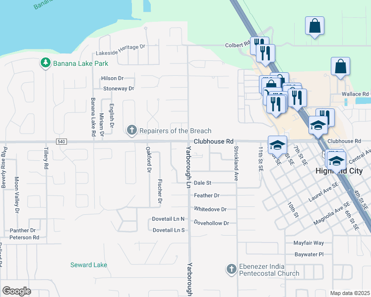 map of restaurants, bars, coffee shops, grocery stores, and more near 5407 Yarborough Lane in Lakeland