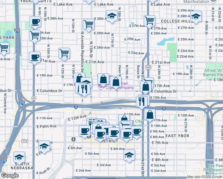 map of restaurants, bars, coffee shops, grocery stores, and more near 1708 East Columbus Drive in Tampa