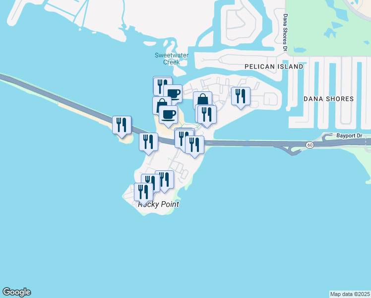 map of restaurants, bars, coffee shops, grocery stores, and more near 7650 West Courtney Campbell Causeway in Tampa