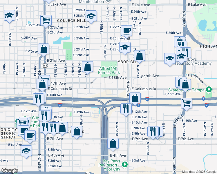 map of restaurants, bars, coffee shops, grocery stores, and more near 3110 East 17th Avenue in Tampa
