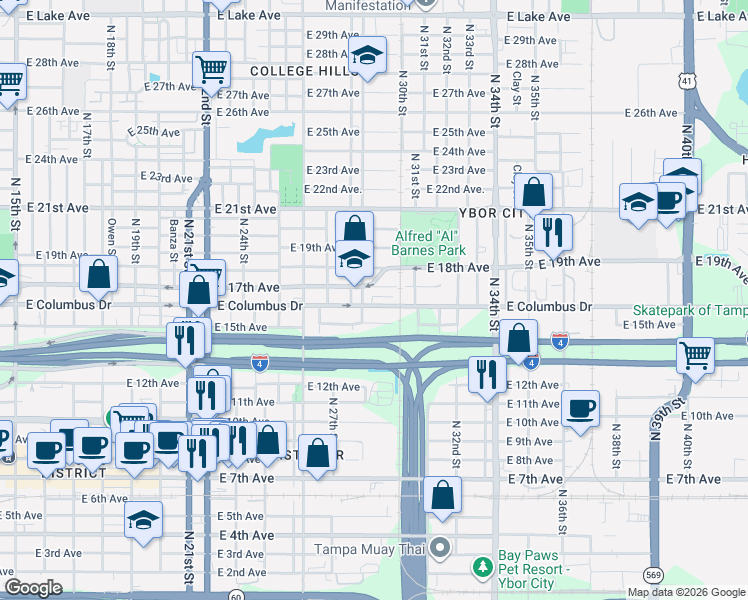 map of restaurants, bars, coffee shops, grocery stores, and more near 2701 North 29th Street in Tampa