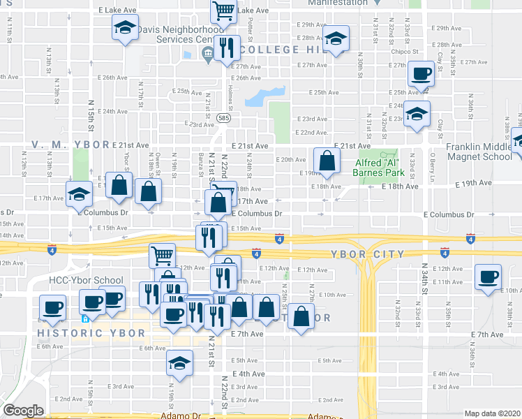 map of restaurants, bars, coffee shops, grocery stores, and more near 2412 East 17th Avenue in Tampa