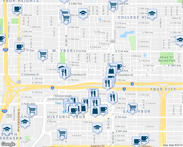 map of restaurants, bars, coffee shops, grocery stores, and more near in Tampa
