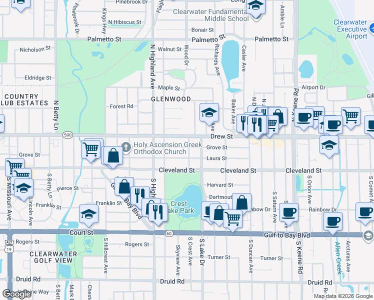 map of restaurants, bars, coffee shops, grocery stores, and more near 1540 Grove Street in Clearwater