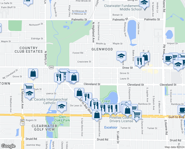 map of restaurants, bars, coffee shops, grocery stores, and more near 1482 Grove Street in Clearwater