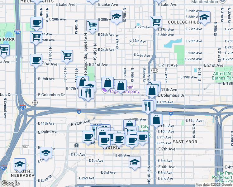 map of restaurants, bars, coffee shops, grocery stores, and more near 1708 East Columbus Drive in Tampa