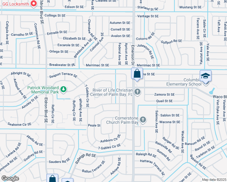 map of restaurants, bars, coffee shops, grocery stores, and more near 851 Parsons Circle Southeast in Palm Bay