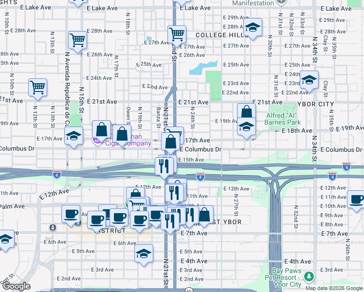 map of restaurants, bars, coffee shops, grocery stores, and more near 2212 East Columbus Drive in Tampa