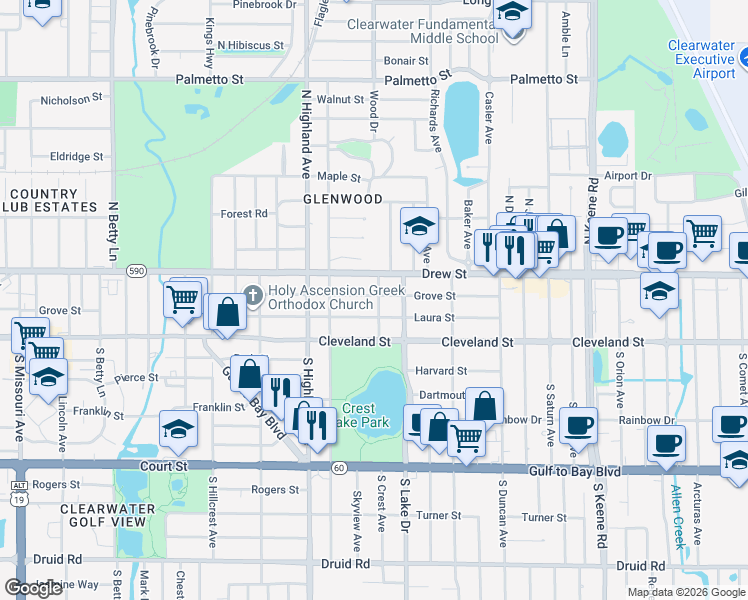 map of restaurants, bars, coffee shops, grocery stores, and more near 1540 Grove Street in Clearwater