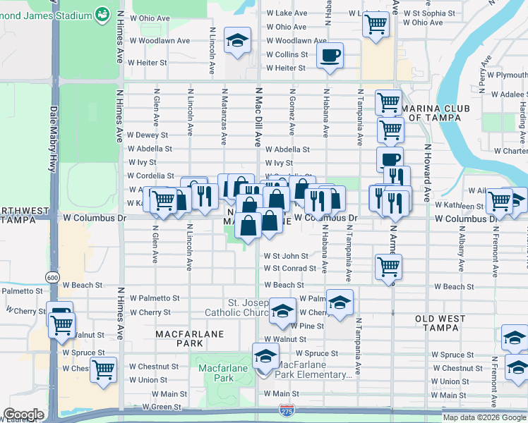 map of restaurants, bars, coffee shops, grocery stores, and more near 3012 West Columbus Drive in Tampa